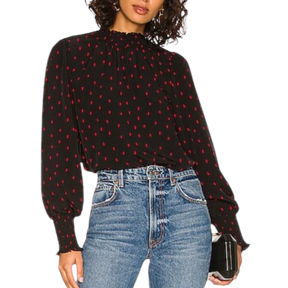 RACHEL ZOE Women's Green Red Geo Print SMOCKED ELASTIC SLEEVE Cuff Blouse Top S - Picture 1 of 11